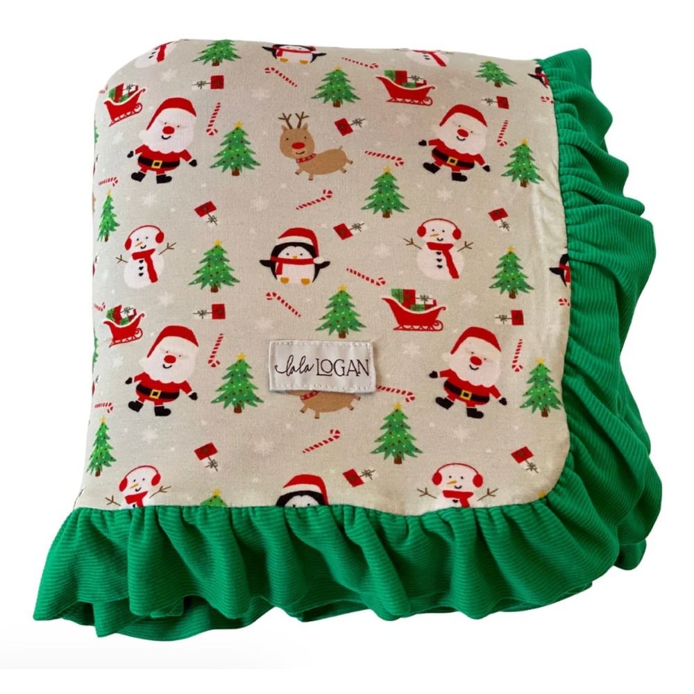 Lala Logan Christmas Throw Santa Bamboo & Plush Blankie with Ruffle 45"x45" NWT